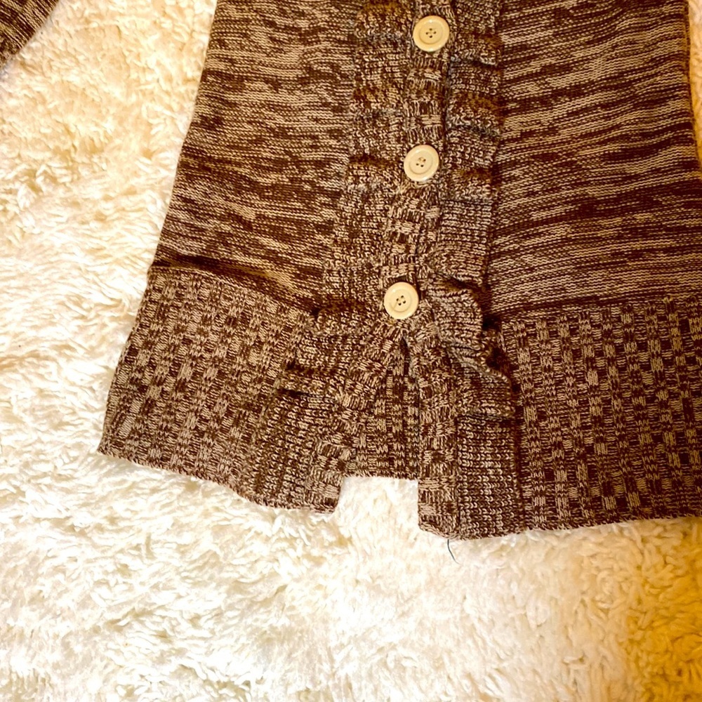 CHERRY STIX BROWN & CREAM CARDIGAN SWEATER RUFFLED FRONT Size Large BUTT… - Picture 5 of 14